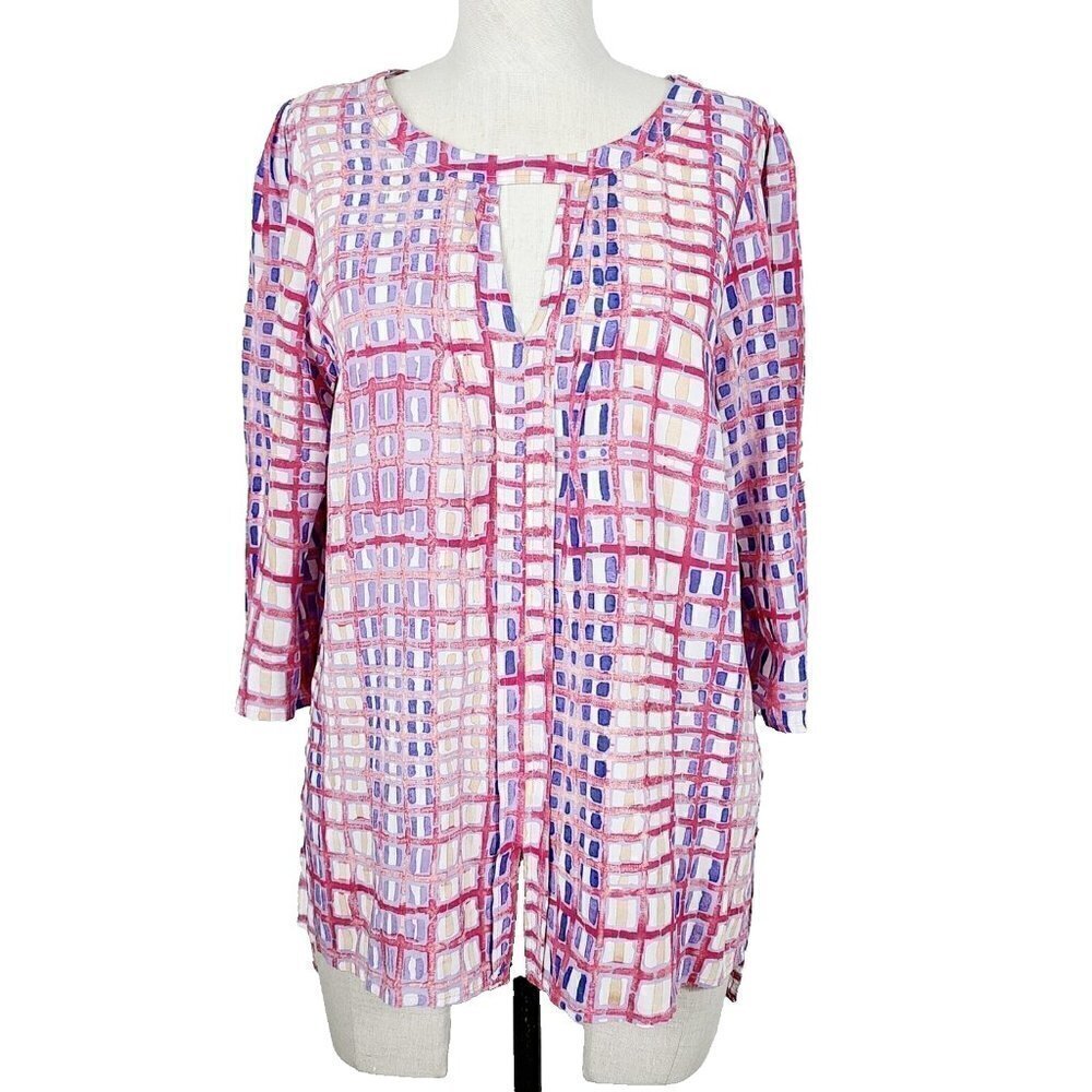 Plenty Tracy Reese Top M Red Blue Geometric‎ 3/4 Sleeve Keyhole Neckline …